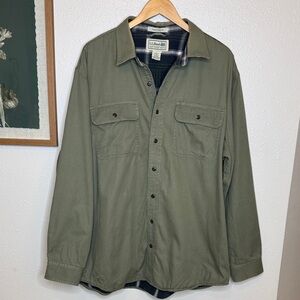 L.L. Bean Men's Flannel Lined Cotton Olive Button Front Shirt Jacket - XL